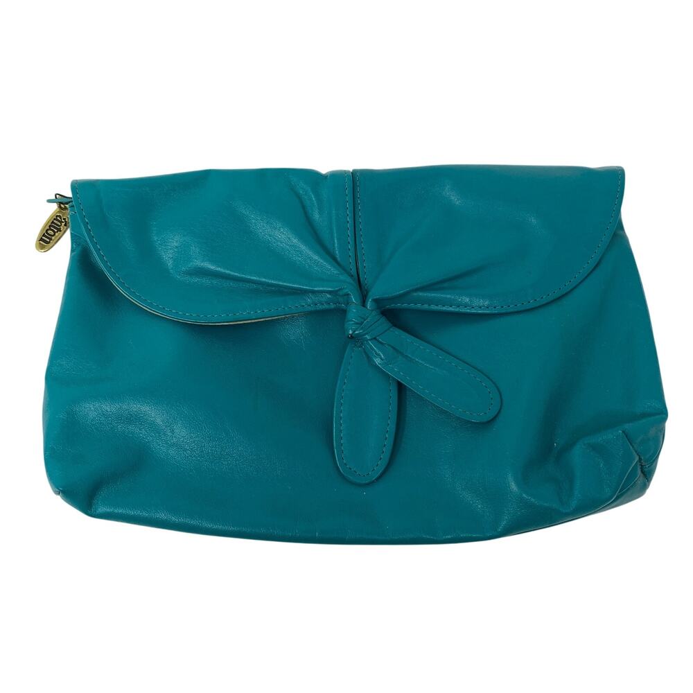 Vintage Union Turquoise Leather Clutch Purse Y2K Teal Bow Zip Handbag
